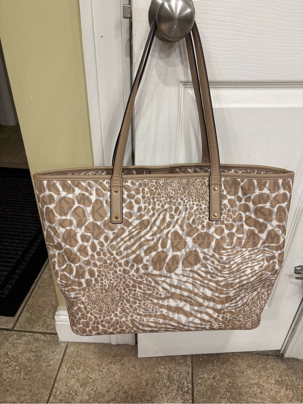Michael Kors Beige and White Animal-Print Tote